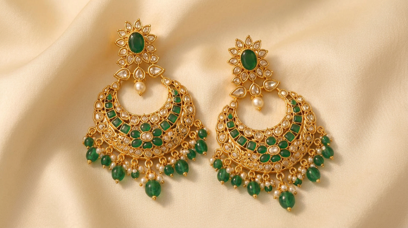 Gold chandbali earrings with kundan stones, emerald beads and pearl drops on cream silk