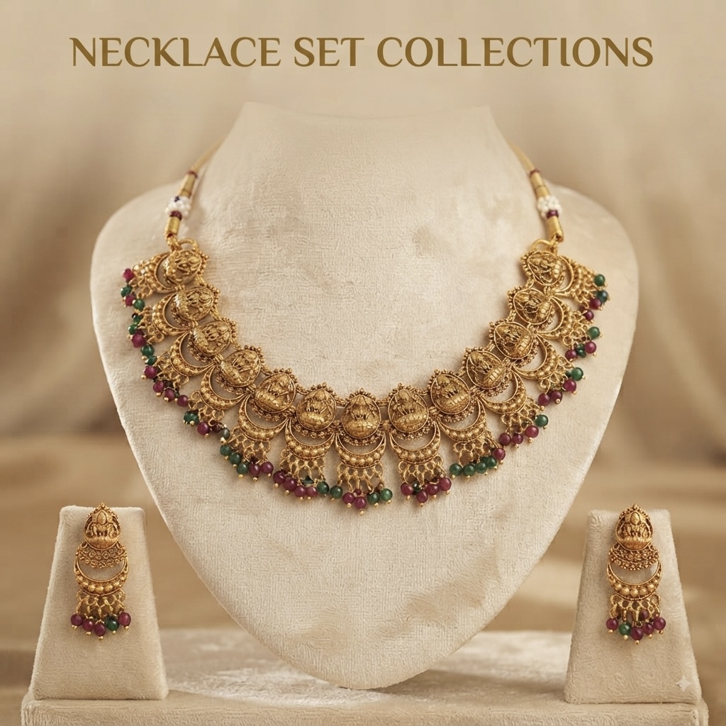 Antique gold Lakshmi necklace set with ruby and emerald beads