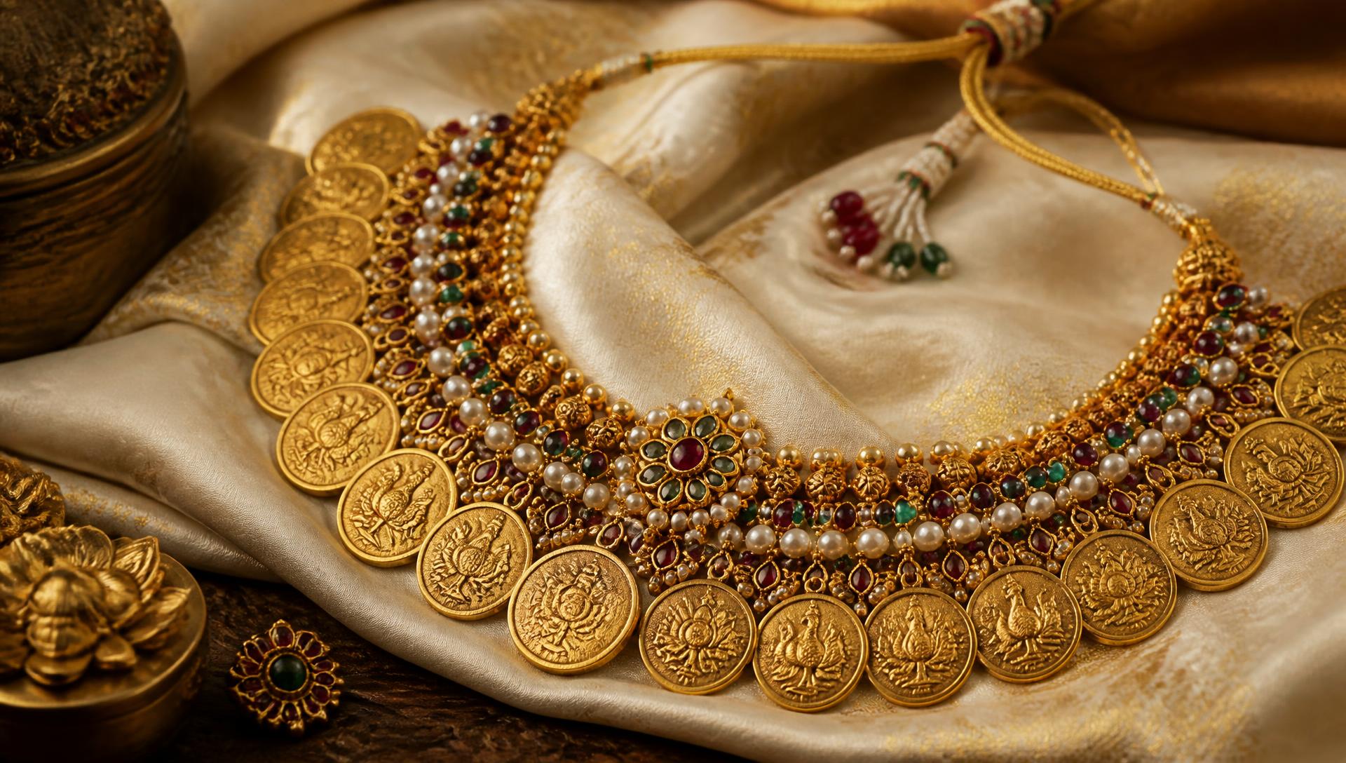 Antique gold Lakshmi kasu necklace with ruby, emerald and pearl beads on ivory silk