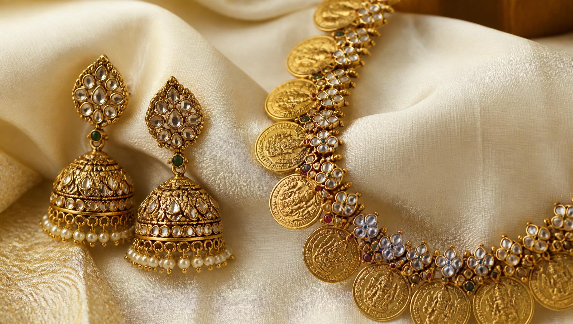 Antique gold kundan jhumka earrings beside a gold kasu coin necklace on ivory silk