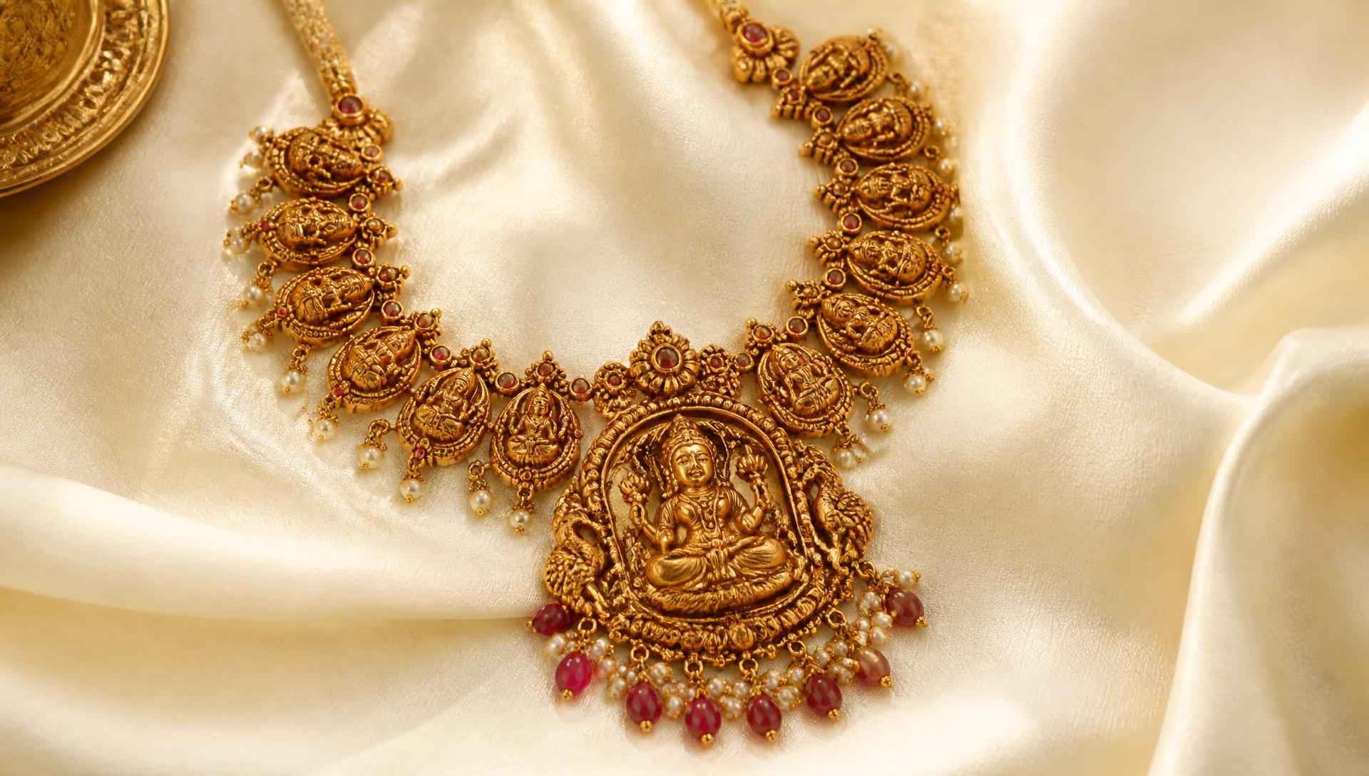 Antique gold temple necklace with Lakshmi pendant, ruby stones and pearl drops on cream silk