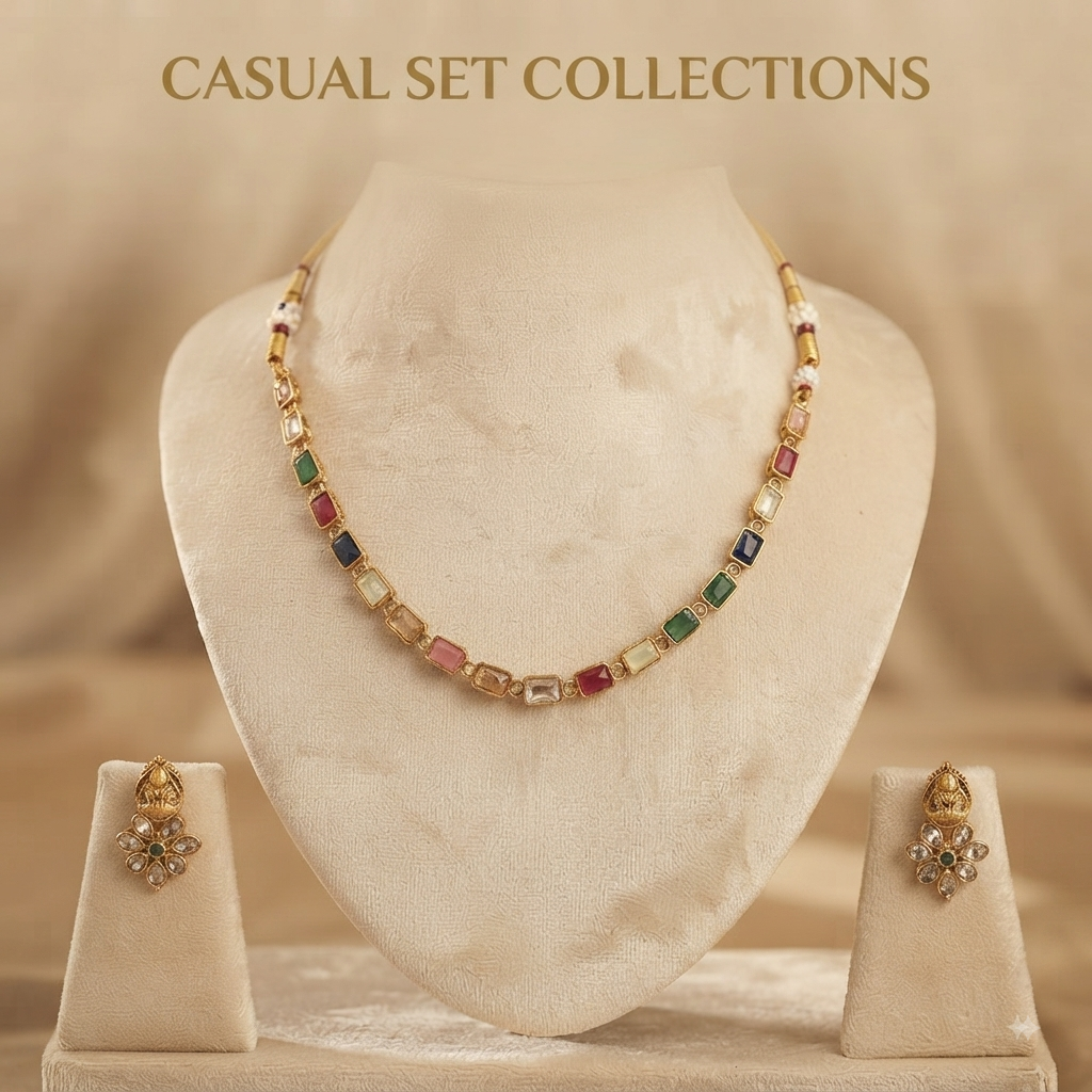 Delicate gold-finish multicolour stone necklace with matching stud earrings
