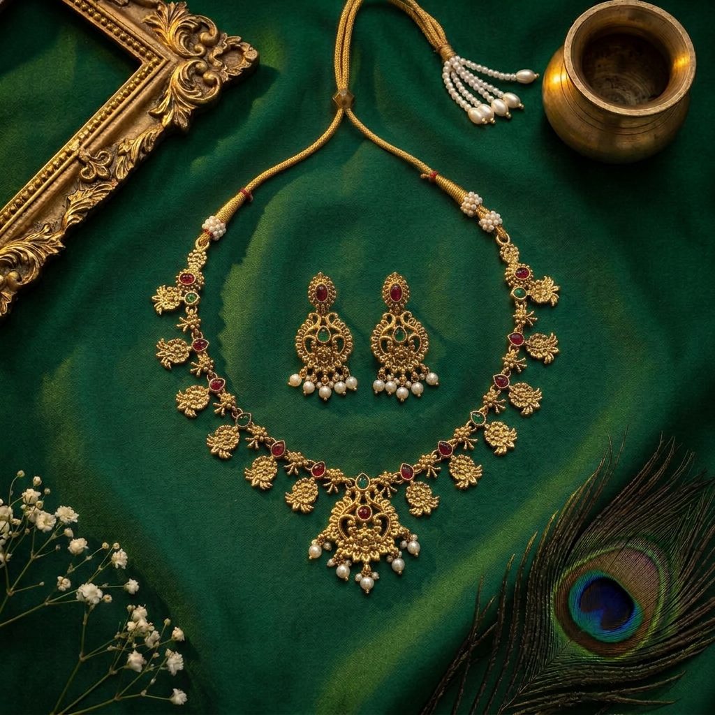 Ruby Emerald Flower Mala Necklace Set