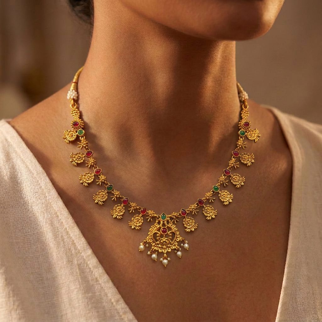 Ruby Emerald Flower Mala Necklace Set — photo 2